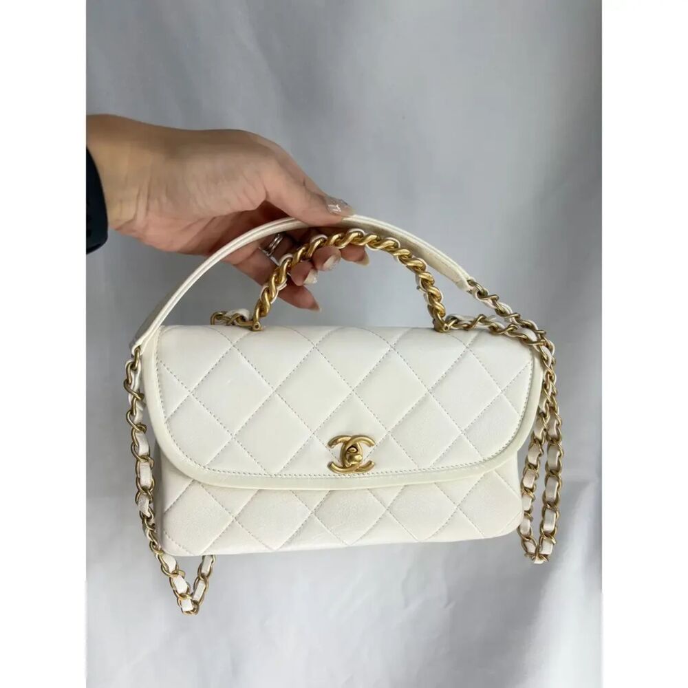 Chanel Timeless Classique Top Handle Leather Bag Quilted Flap White Cream Gold